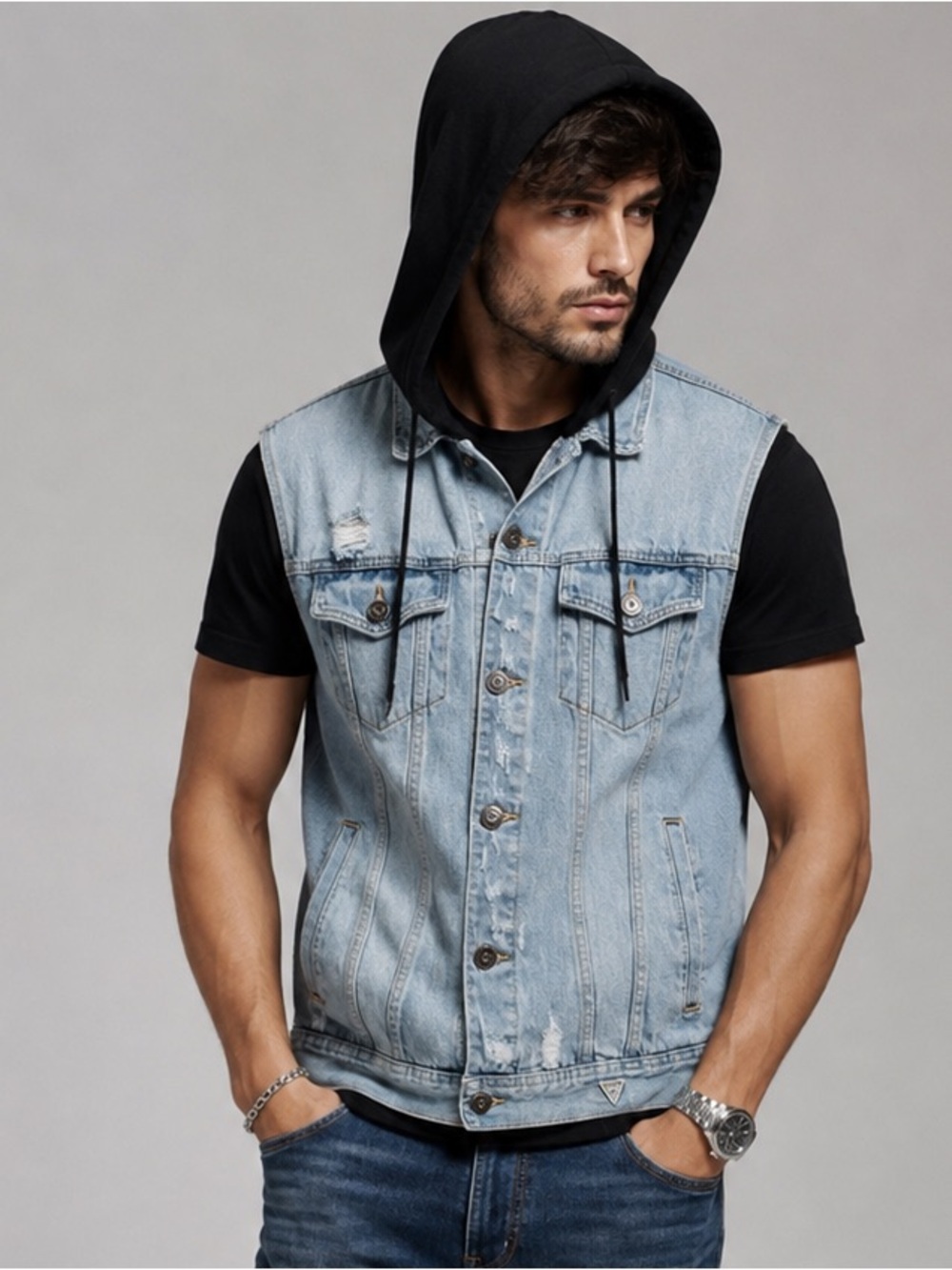 GUESS Denim Sleeveless Jacket with Hood Distressed Jean Vest Size XL